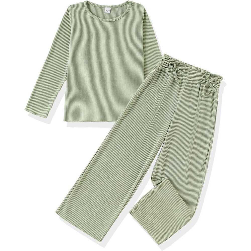 Girls Autumn 2 Piece Outfits Ribbed Long Sleeve Tops and Wide Leg Pants Kids Set